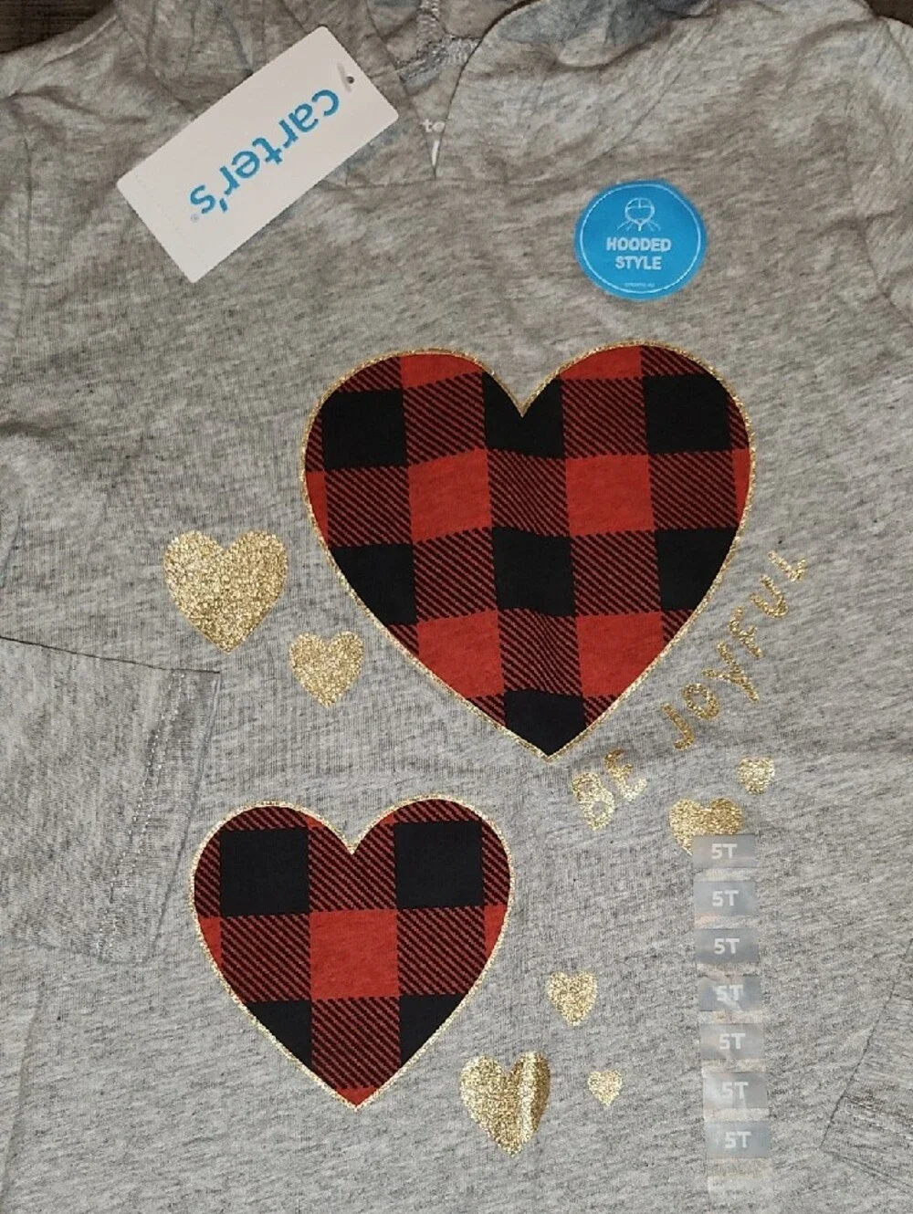 NWT Carter's Hooded Tee with Plaid Hearts - Gray